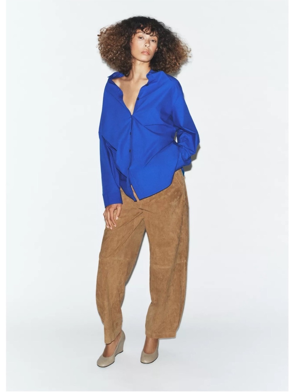 ZARA Blue Relaxed Shirt with Tan Suede Pants
